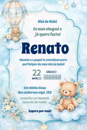 Convite Chá de Bebê Ursinho no Balão Azul para Editar