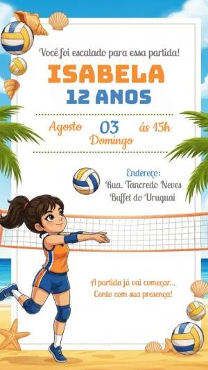 Convite Aniversário Vôlei de Praia Feminino para Editar Online