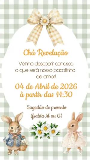 Convite Chá Revelação Páscoa com Coelhinhos Aquarela Editável