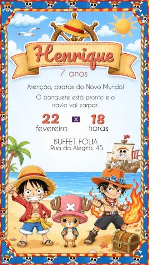 Convite de Aniversário One Piece com Luffy e Ace para Editar