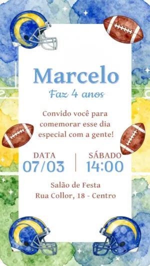 Convite de Aniversário Futebol Americano Aquarela para Editar