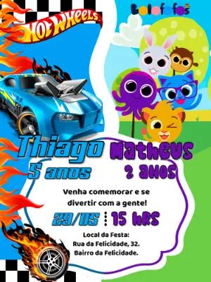 Convite de Aniversário Duplo Hotwheels e Bolofofos para Editar