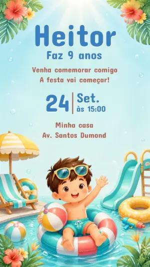 Convite Digital Festa na Piscina Menino Editável