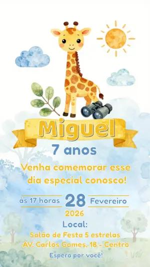 Convite de Aniversário Safári Girafa Aquarela Editável