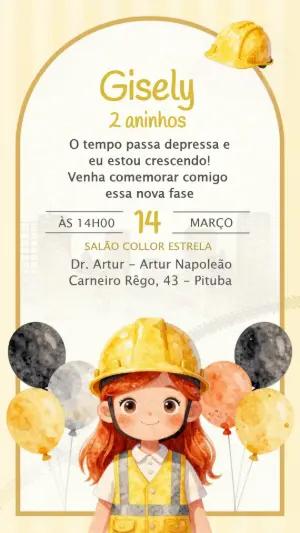 Convite Digital Aniversário Infantil Tema Construção para Editar