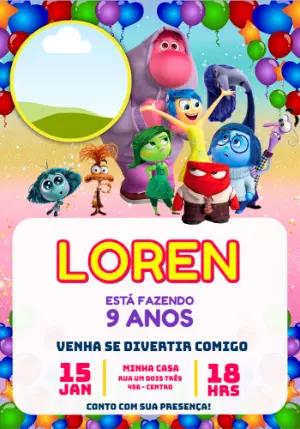 Convite Digital Divertida Mente para Aniversário Infantil Editável