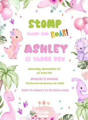 Pink Dinosaur Girl's Birthday Invitation to Edit Online