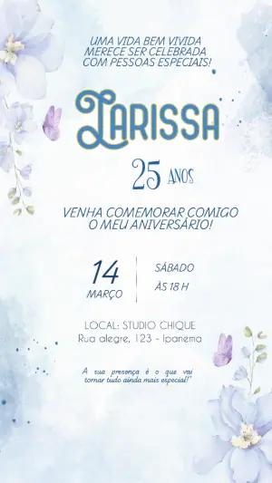 Convite de Aniversário Feminino Aquarela Floral Azul Editável