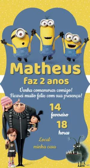 Convite Infantil Minions e Gru Editável para Festa