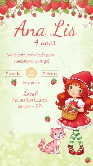 Convite Digital Aniversário Infantil Tema Moranguinho Editável