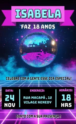 Convite de Aniversário Discoteca Retrô Editável para Festa