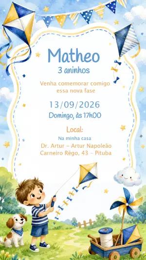 Convite de Aniversário Infantil Tema Pipa e Catavento Editável