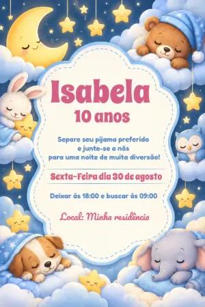 Convite Festa do Pijama Animais Fofos para Editar Online