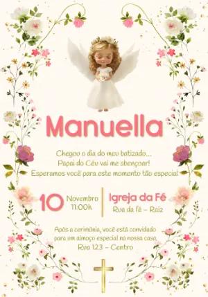 Convite de Batizado Anjinho Rosa Floral para Editar Online