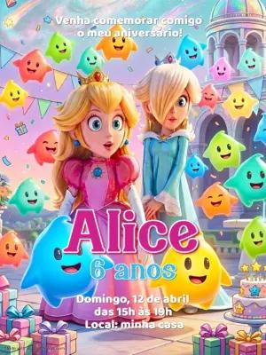 Convite de Aniversário Princesas Mario e Lumas para Editar
