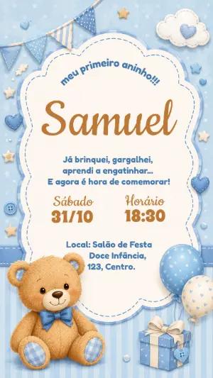 Convite de Aniversário Ursinho Azul para Editar