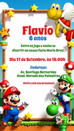 Convite Aniversário Mario Bros com Personagens para Editar Online