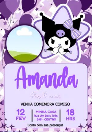 Convite Digital Kuromi Roxo para Aniversário Infantil Editável