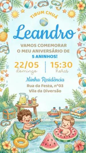 Convite de Aniversário Pool Party Menino Aquarela Editável