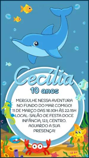 Convite Aniversário Golfinho Fundo do Mar para Editar Online