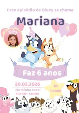 Convite de Aniversário Bluey com Foto para Editar