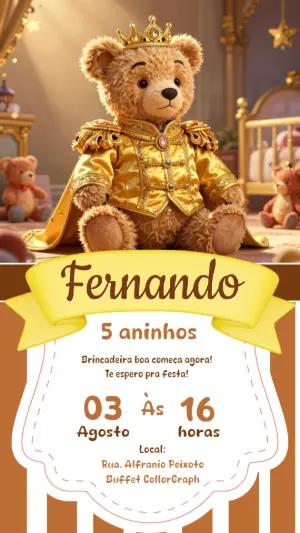 Convite de Aniversário Ursinho Príncipe Dourado Editável