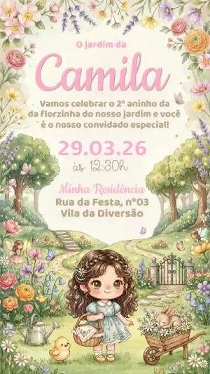 Convite de Aniversário Jardim Encantado Aquarela Editável