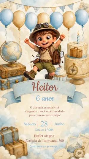Convite de Aniversário Infantil Aventureiro Editável