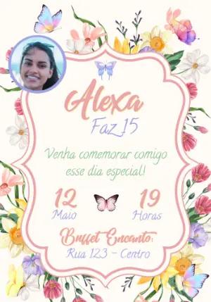 Convite 15 Anos Floral Aquarela com Foto para Editar