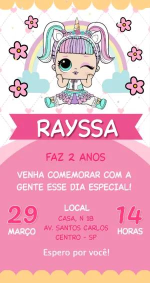 Convite de Aniversário Boneca Unicórnio Editável