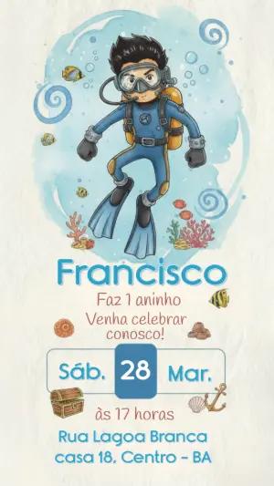 Convite de Aniversário Fundo do Mar Mergulhador para Editar