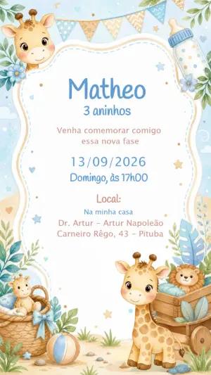 Convite de Aniversário Girafinha Aquarela para Editar