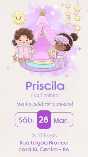 Convite Festa do Pijama Lilás para Aniversário Editável