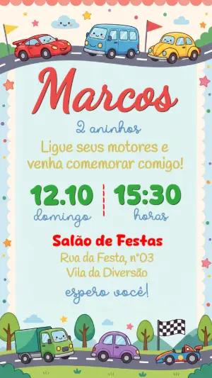 Convite de Aniversário Infantil Carrinhos Coloridos Editável
