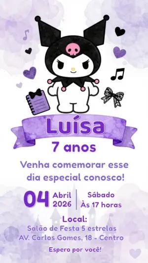 Convite de Aniversário Kuromi Roxo e Preto Modelo Editável