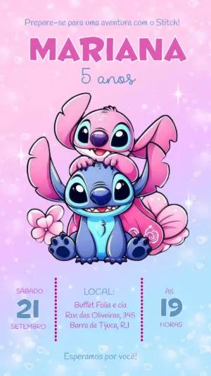 Convite de Aniversário Stitch e Angel Rosa e Azul para Editar