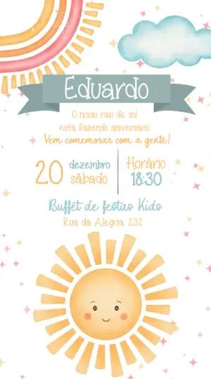 Convite de Aniversário Sol e Arco-íris Aquarela Editável