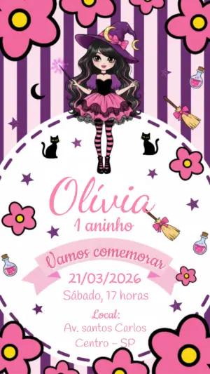 Convite de Aniversário Bruxinha Fofa Rosa e Roxo para Editar