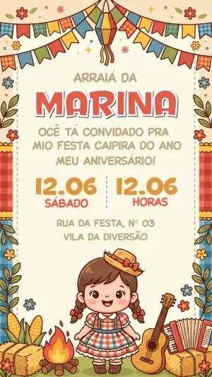Convite de Aniversário Arraiá Menina Colorido para Editar