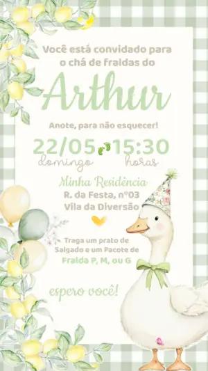 Convite Digital Chá de Fraldas Tema Patinho Aquarela para Editar