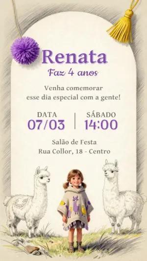 Convite de Aniversário Lhama Fofo Estilo Desenho para Editar