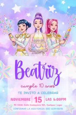 Invitación de Cumpleaños Las Guerreras K-Pop para Editar