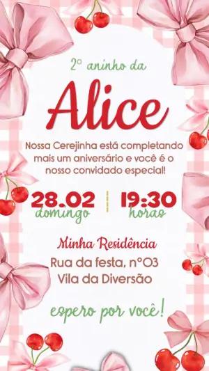 Convite de Aniversário Cerejinha Rosa Editável para Menina
