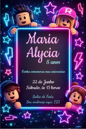 Convite de Aniversário Gamer Neon Editável para Festa Infantil