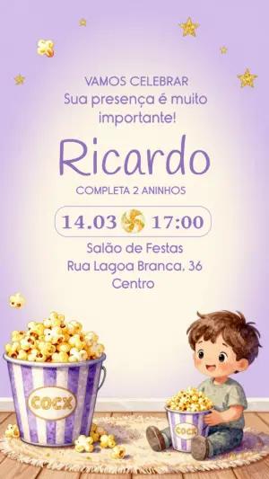 Convite de Aniversário Infantil Pipoca Lilás para Editar