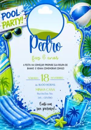 Convite de Aniversário Festa na Piscina com Foto para Editar