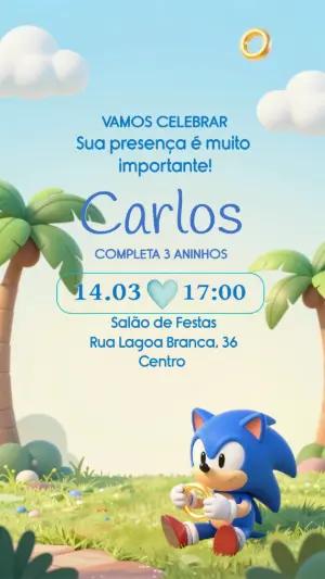 Convite de Aniversário Sonic 3D Colorido para Editar