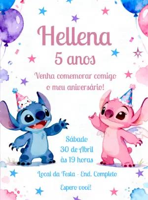 Convite de Aniversário Stitch e Angel Aquarela para Editar