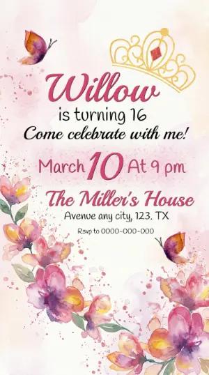 Princess 16th Birthday Invitation with Watercolor Flowers - Editable