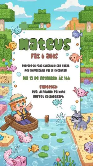 Convite Aniversário Minecraft com Personagens para Editar Online